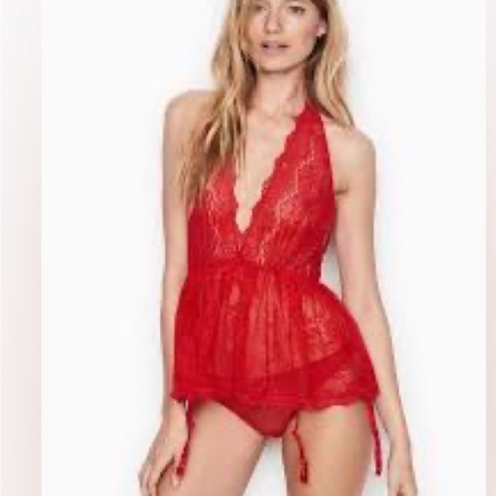 Victoria's Secret Red Lace Plunge Baby Doll Garter